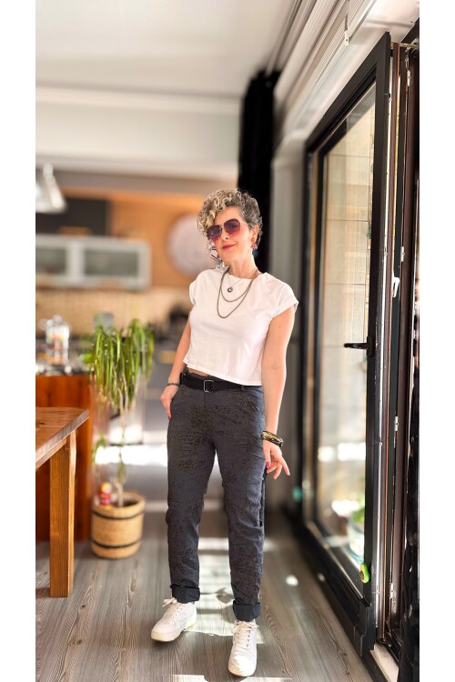 Gianni İtalyan Desen Detay Kemerli Sihirli Pantolon Dark Grey