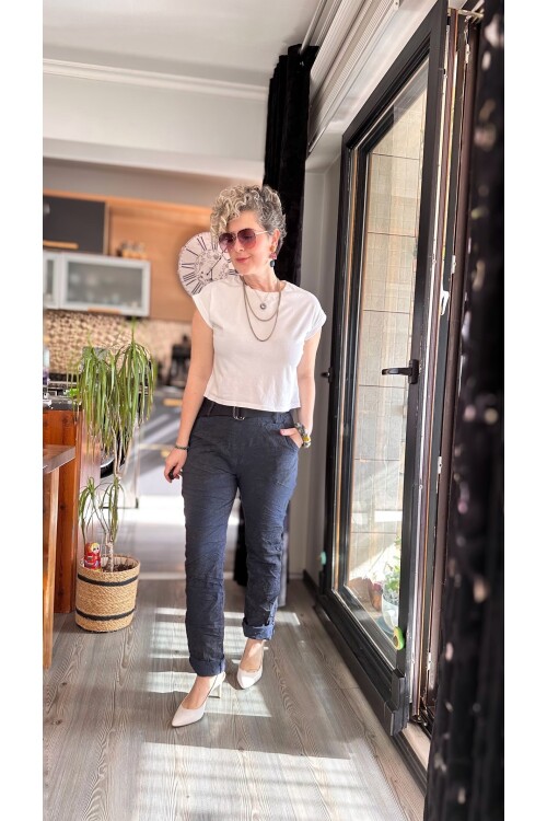 Gianni İtalyan Desen Detay Kemerli Sihirli Pantolon Navy