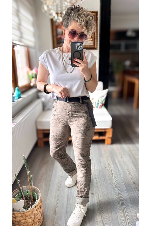 Gianni İtalyan Desen Detay Kemerli Sihirli Pantolon Taupe