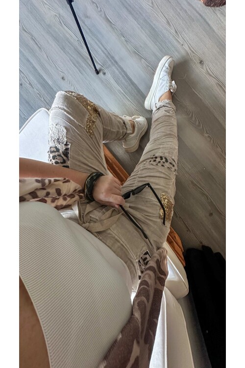 İtaliana Leopar Desen Pul Detaylı Sihirli Pantolon Beige