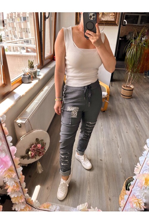 İtalyan Sihirli Payet Detay Pantalon Koyu Gri