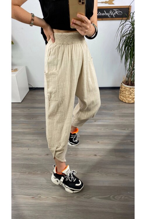 Jimmy V Paça Detaylı Bel Lastik Pamuk Pantalon Bej
