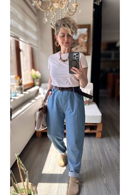 Kessi İtalyan Balon Kemerli Pantolon Tencel Bebe Mavi