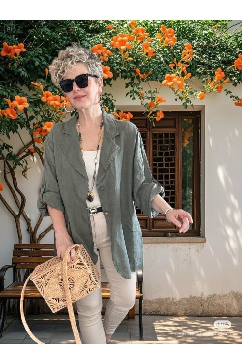 Lesso İtalyan Blazer Keten Ceket Haki Yeşil