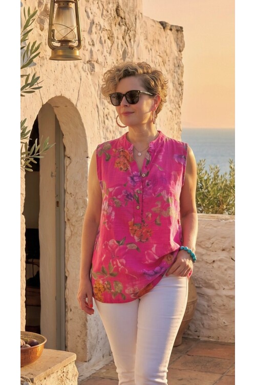 Massa Lilyum Desen Sıfır Kol İtalyan Bluz Fuşya