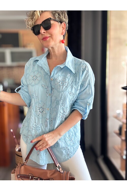 Melly İtalyan Fisto Pul Detay Gömlek Bebe Mavi