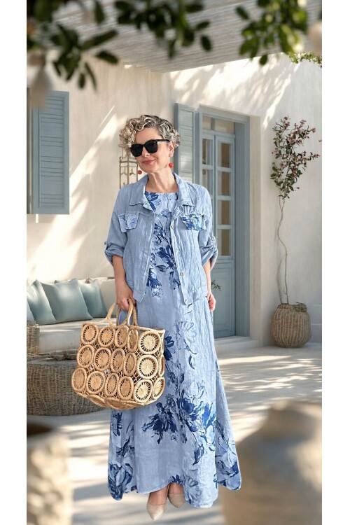 Mikka İthal %100 Linen Ceket & Kolsuz Elbise Takımı Bebe Mavi
