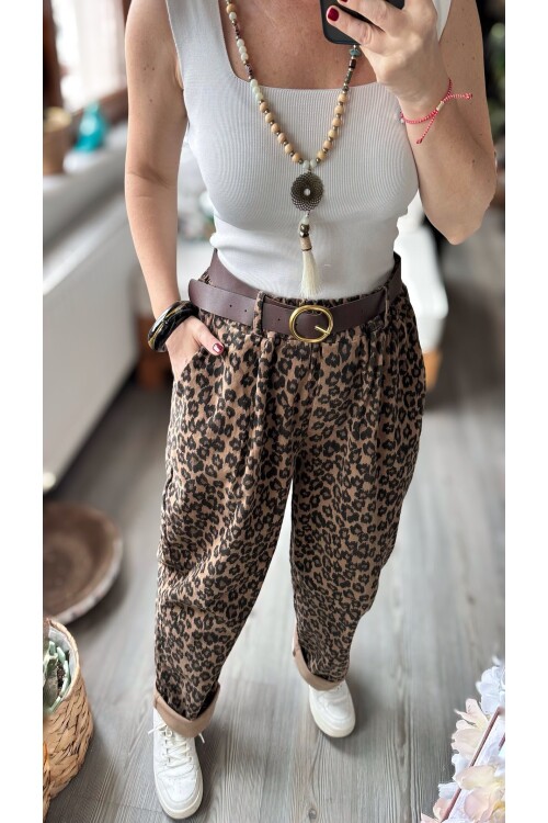 Rosa İtalyan Balon Kemerli Leopar Desen Pantolon