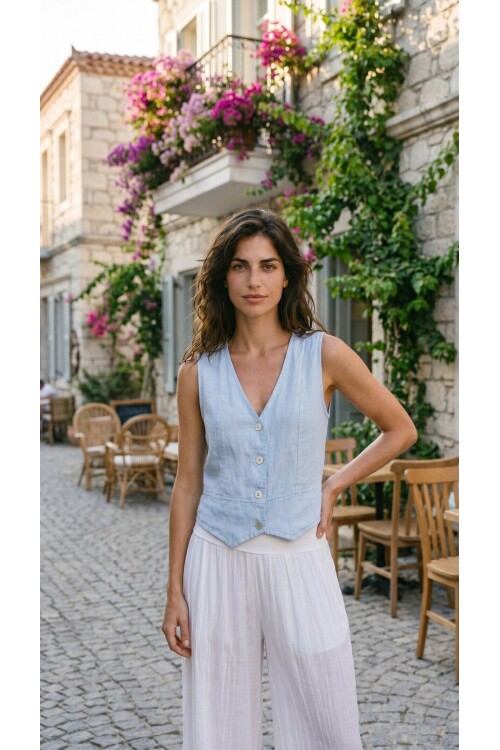 Terra %100 Linen Tasarım Düğmeli Yelek Bebe Mavi