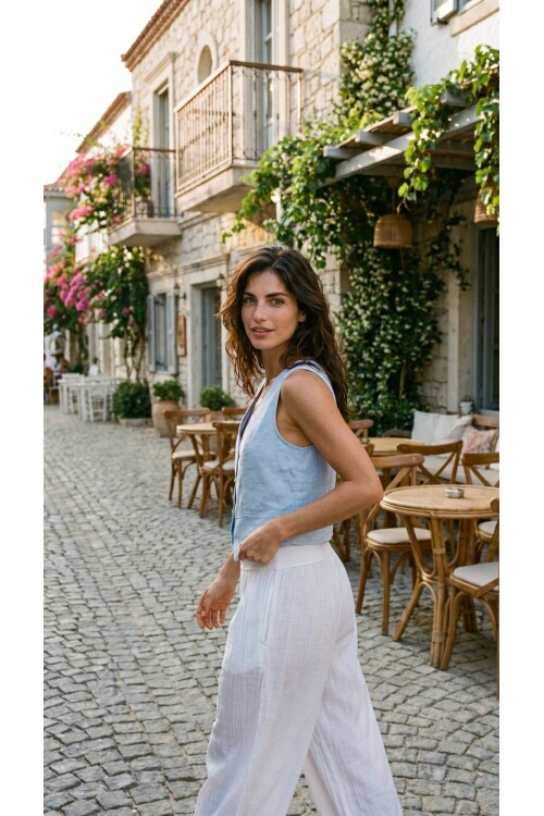 Terra %100 Linen Tasarım Düğmeli Yelek Bebe Mavi