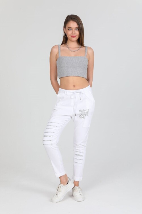 Tucci İtalyan Sihirli Payet Detay Pantalon Beyaz