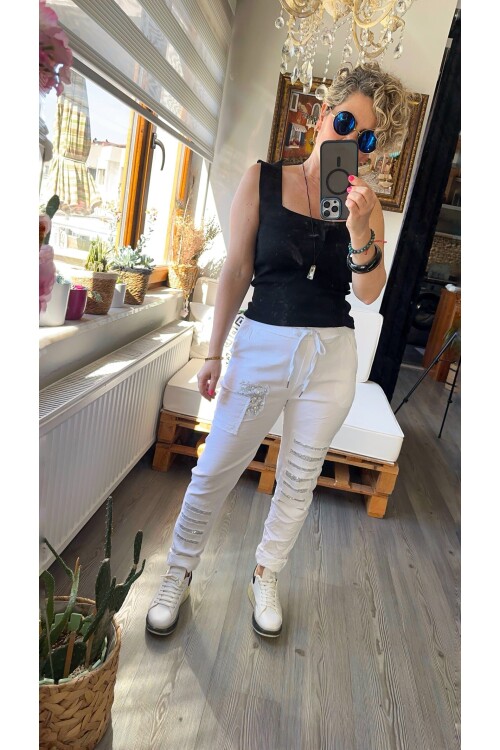 Tucci İtalyan Sihirli Payet Detay Pantalon Beyaz