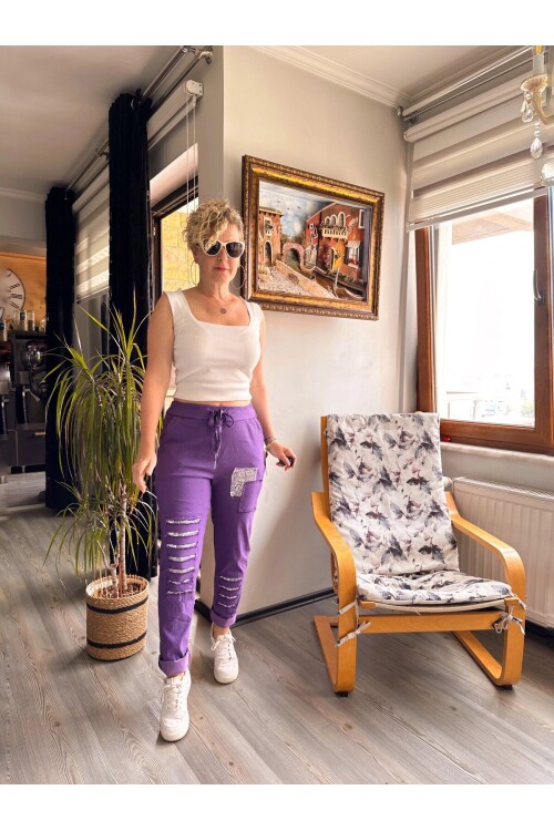 Tucci İtalyan Sihirli Payet Detay Pantalon Mor