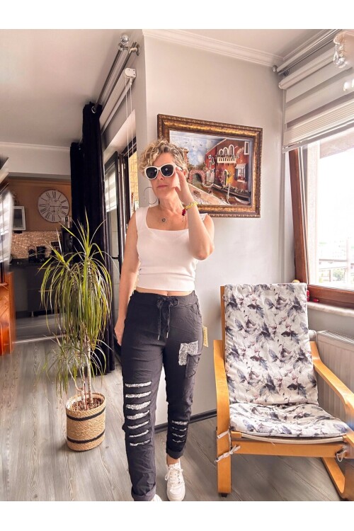 Tucci İtalyan Sihirli Payet Detay Pantalon Siyah