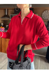 Rozi Polo Yaka Sim Şeritli Triko Bluz Kırmızı