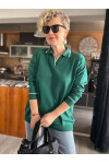 Rozi Polo Yaka Sim Şeritli Triko Bluz Zümrüt Yeşil