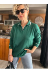 Rozi Polo Yaka Sim Şeritli Triko Bluz Zümrüt Yeşil